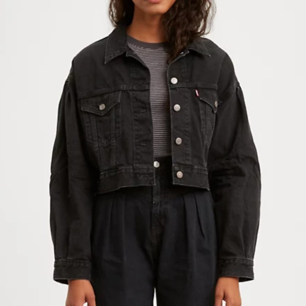 Levi's Black Pleated Sleeve Trucker Jean Jacket